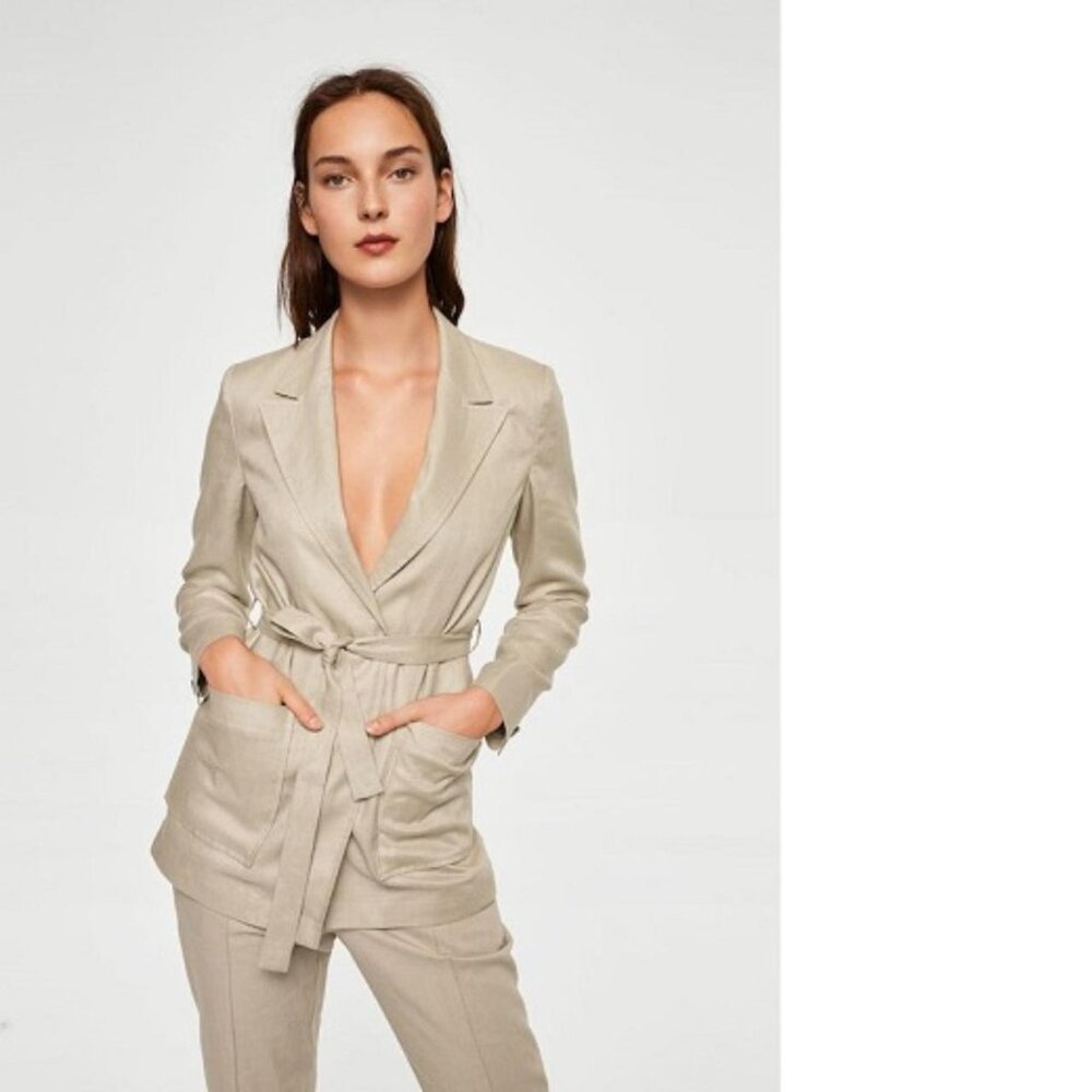 Mango Khaki Brown/Tan/Sand Linen Belted Blazer Jacket size S